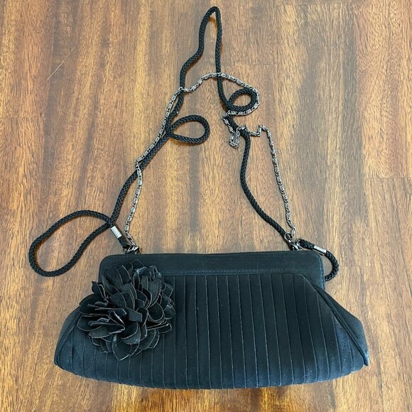 Kate Landry Handbags - Kate Landry Black Satin Ribbon Floral Evening Clutch Purse Wedding 9" x 4"!